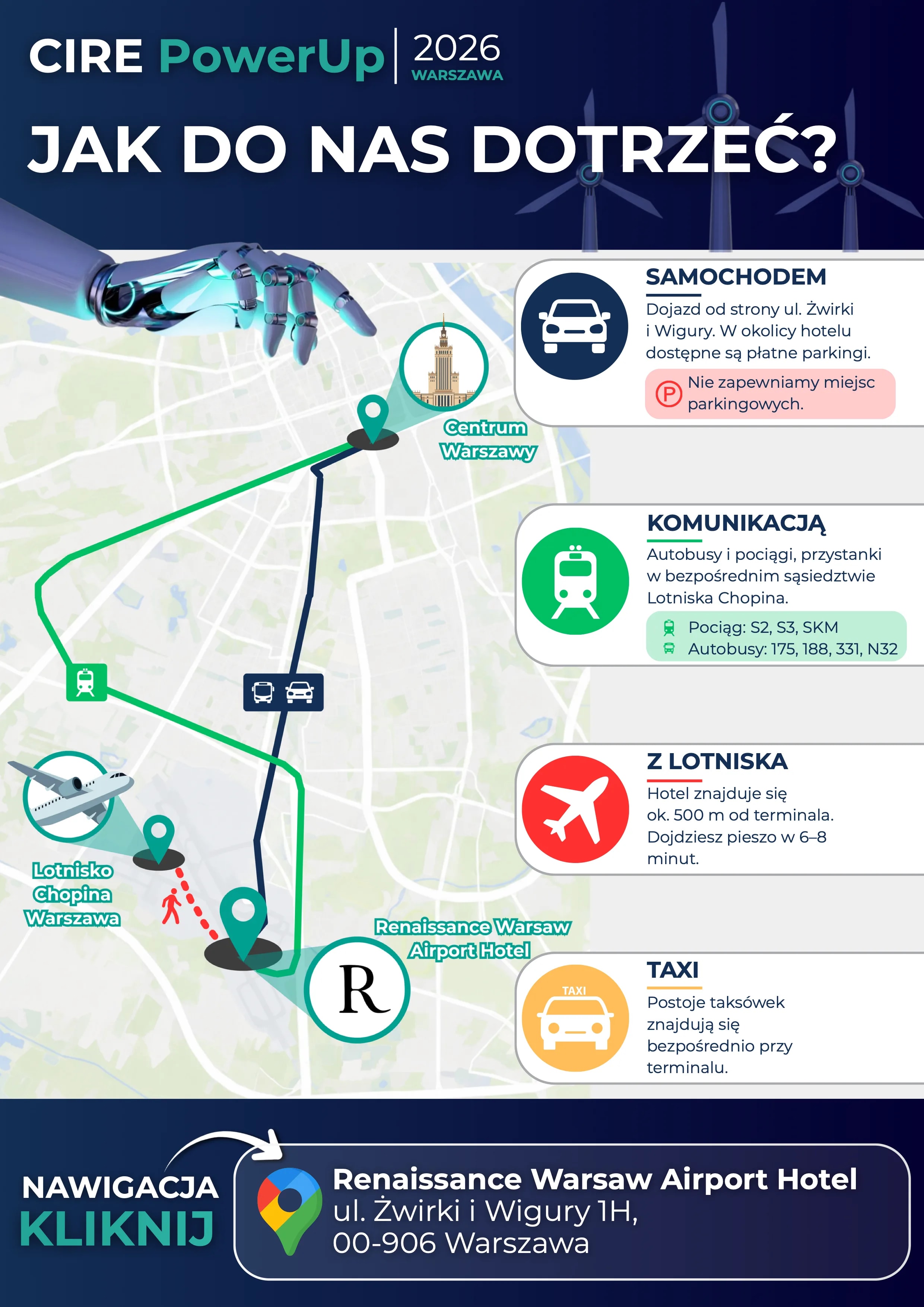 Mapa dojazdu na konferencję CIRE PowerUp 2026 - Renaissance Warsaw Airport Hotel, ul. Żwirki i Wigury 1H w Warszawie