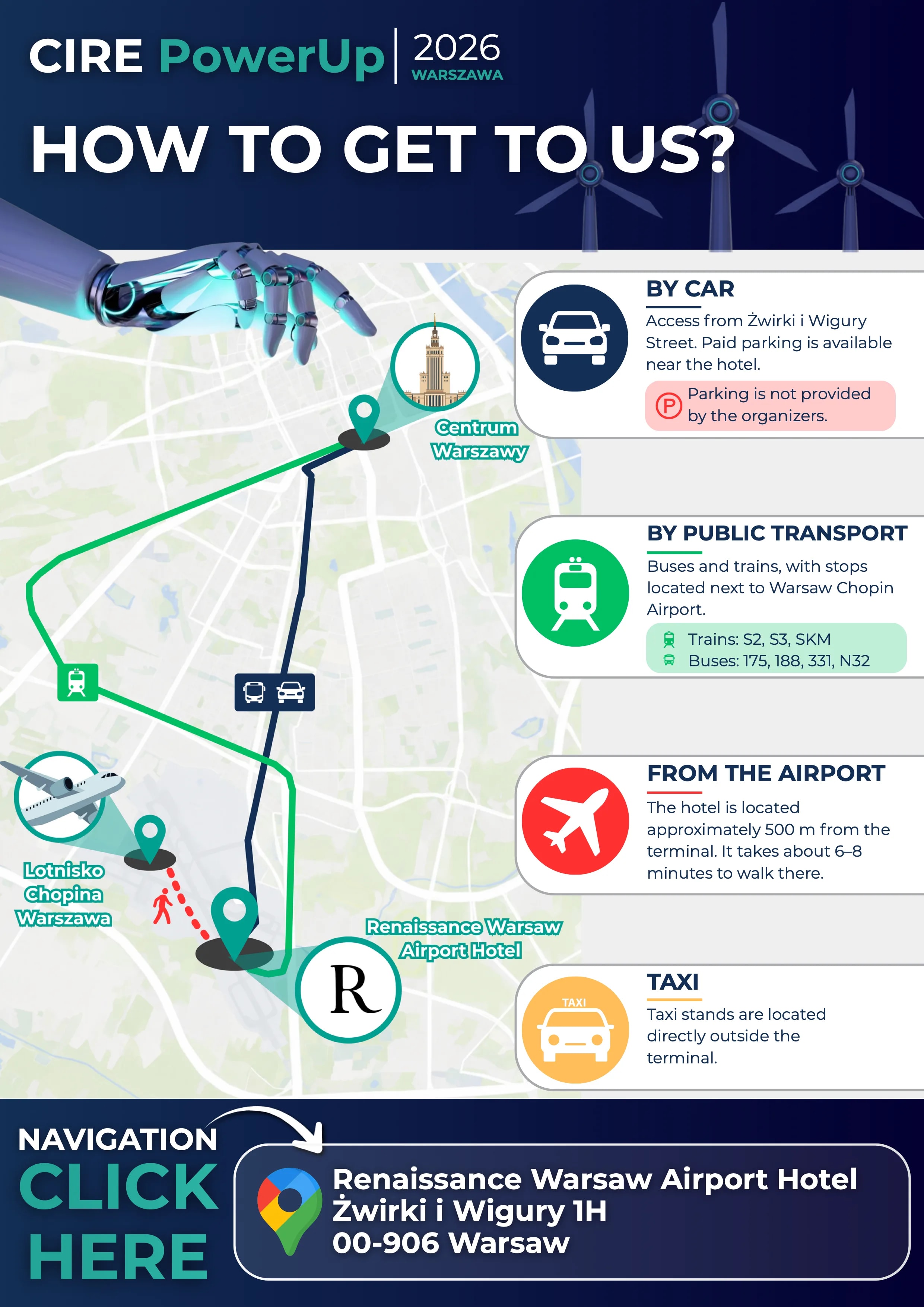 Directions map for the CIRE PowerUp 2026 conference - Renaissance Warsaw Airport Hotel, Żwirki i Wigury 1H in Warsaw