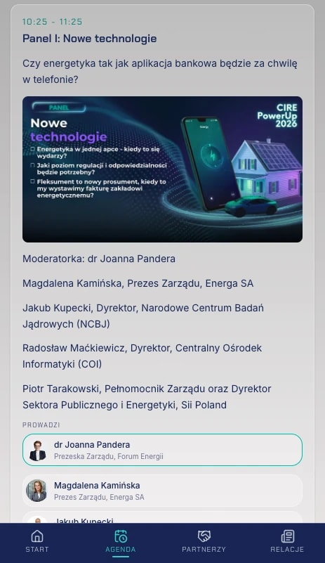 Ekran agendy w aplikacji CIRE PowerUp 2026: godzina i tytuł panelu, opis, a pod nim kafelki ze zdjęciami i stanowiskami moderatorki oraz panelistów